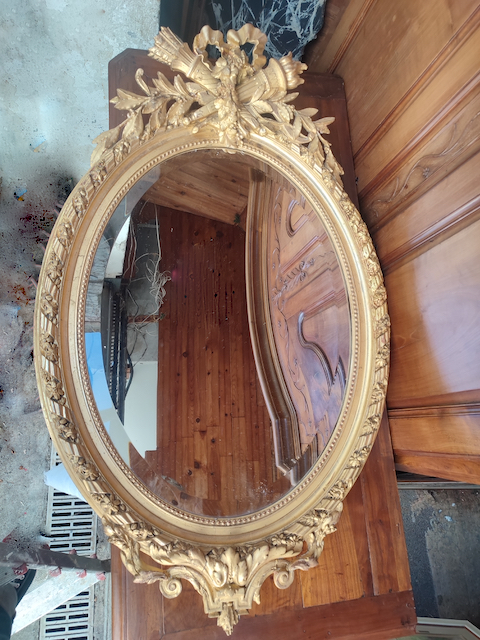 Miroir oval vintage, miroir à suspendre, miroir bois marqueté