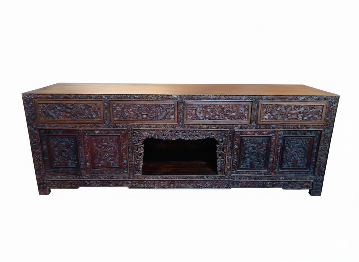 Meuble Bas Chinois Panneaux décors sculptés Epoque XXème – Image 2