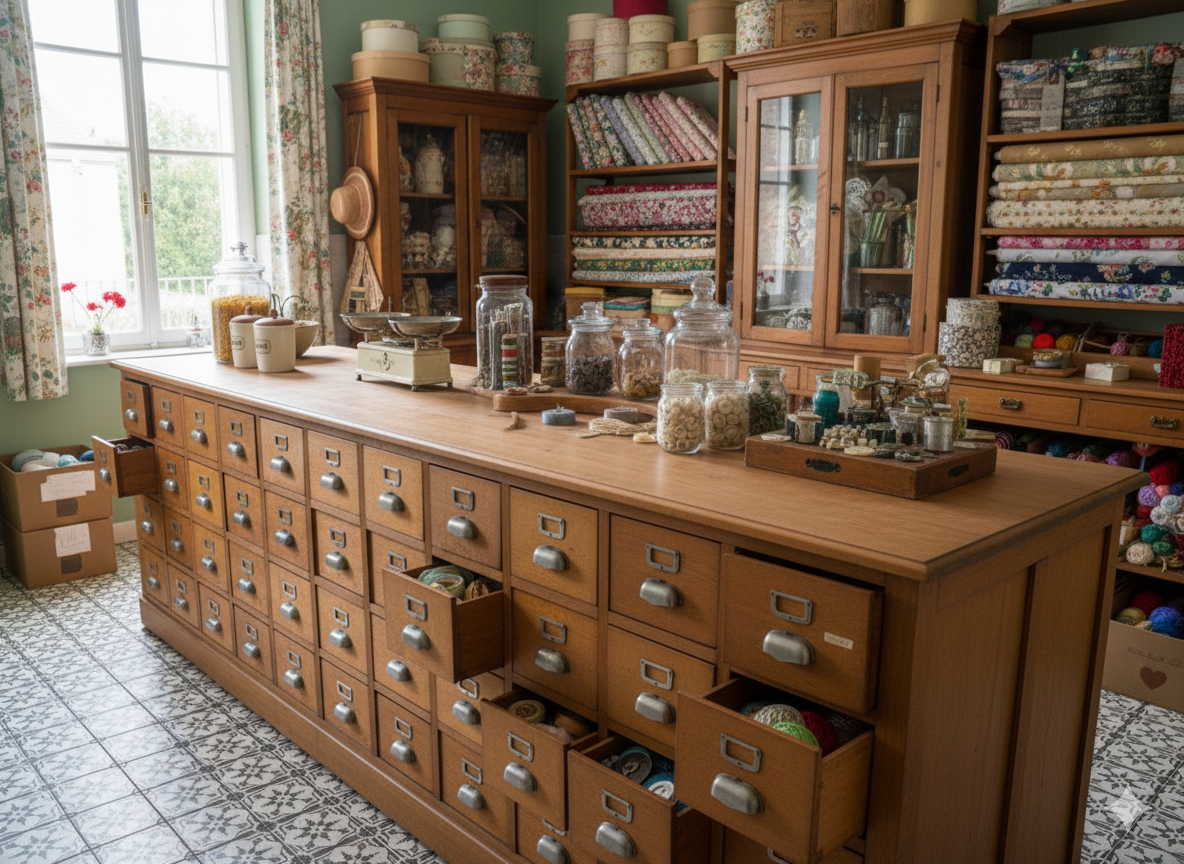 Comptoir de Mercerie Ancien en chêne à 40 tiroirs Epoque milieu XXème – Image 14