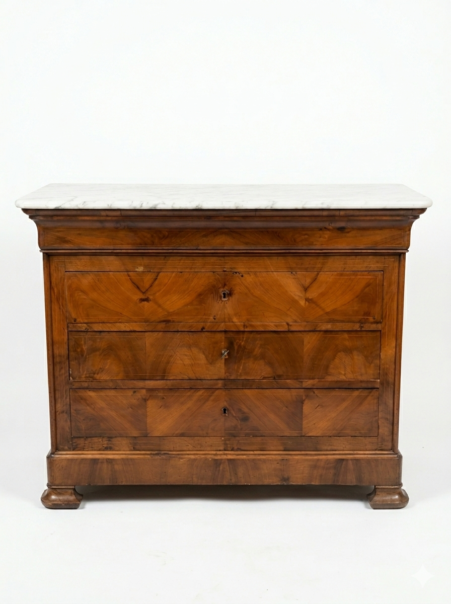 Grande Commode Epoque Louis Philippe en Noyer plateau Marbre blanc – Image 6