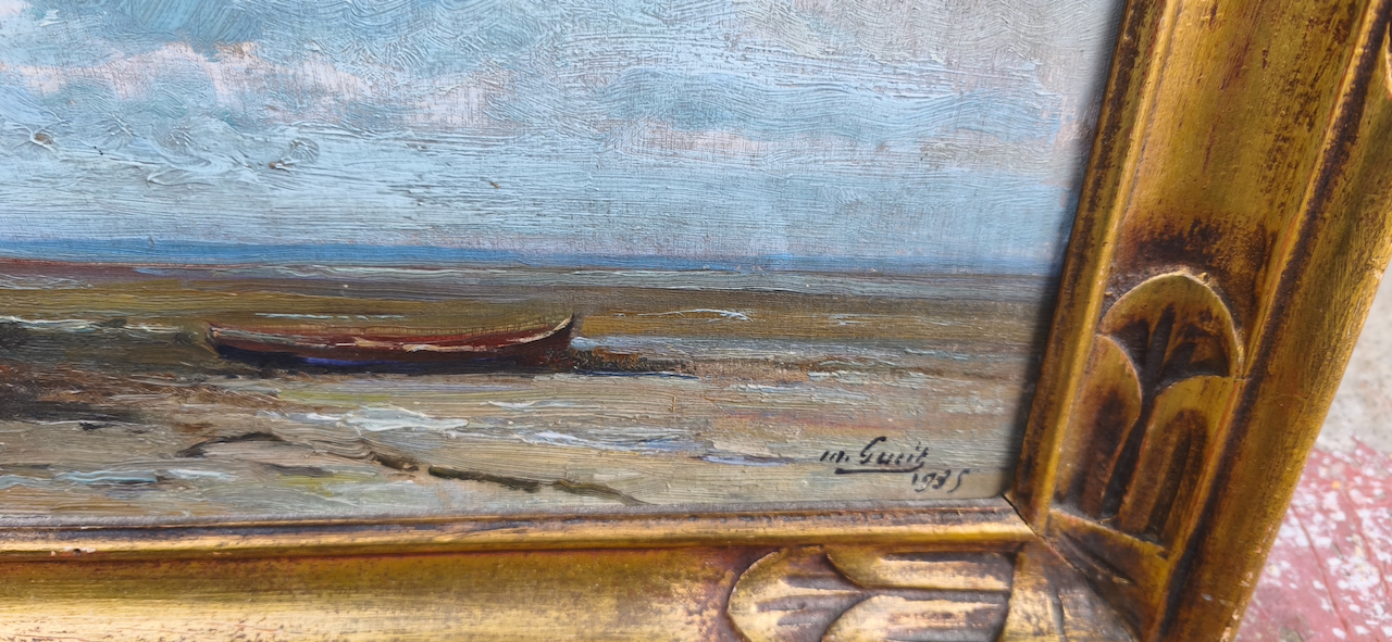 Tableau Gueit Marius " Matin orageux - bassin d'Arcachon, Arés" huile sur panneau datée 1935 – Image 3