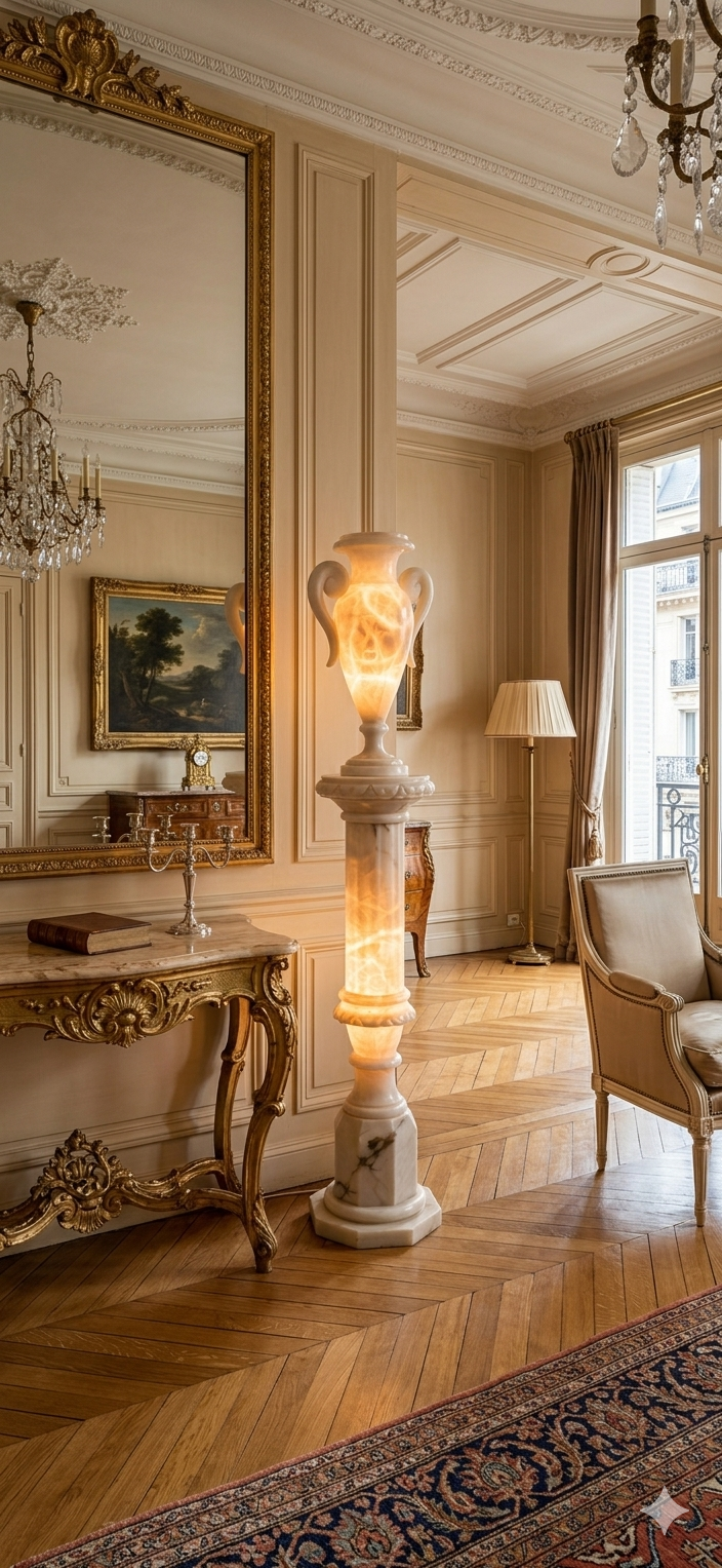 Lampe sur Colonne illuminé en Albâtre Epoque XXème – Image 5