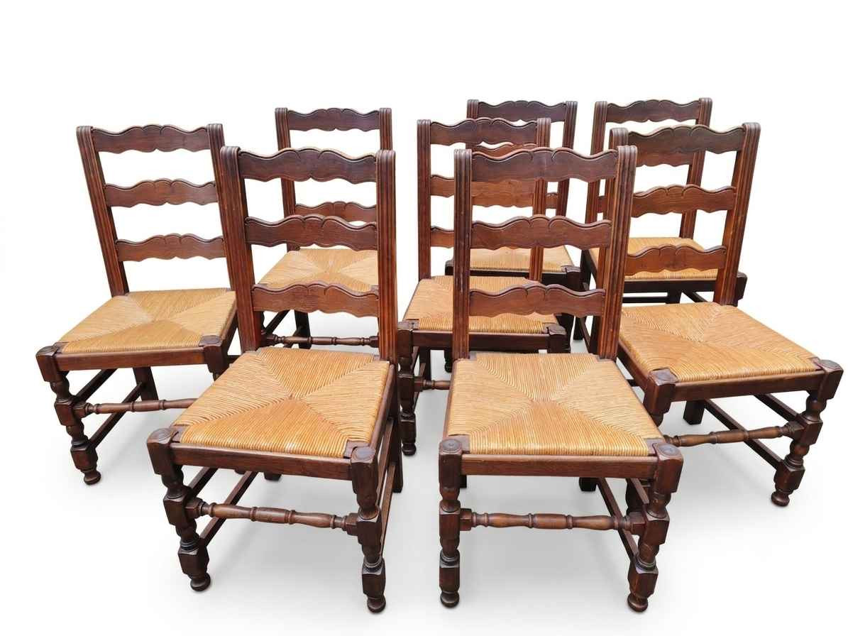 Chaises campagnardes en Chêne assises paillées - Série de huit – Image 3