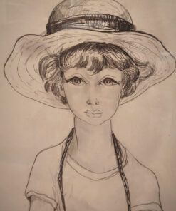 Dessin Vincent Roux portrait d'une jeune femme aux grands yeux expressifs, coiffée d'un chapeau de paille – Image 4